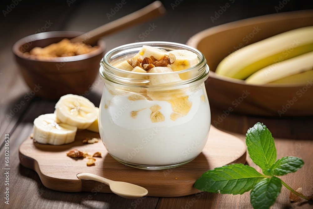 a glass jar filled with yogurt sitting on top of a wooden cutting board next to a bowl of bananas. a glass jar filled with yogurt sitting on top of a wooden cutting board next to a bowl of bananas.
