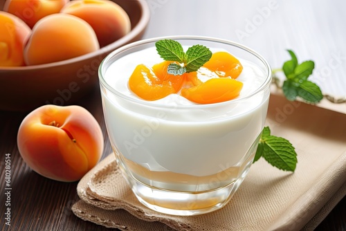  a glass of yogurt with peaches and mint on a tray next to a bowl of peaches.