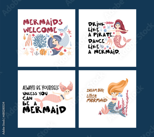 Set of pre-made compositions with cute mermaids under the sea among the seaweed, corals and sea creatures, saying about the mermaids, vector hand drawn illustrations for posters, cards, textile prints