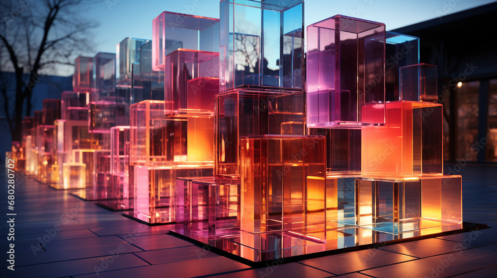 Colorful exposure of glass architectural forms.