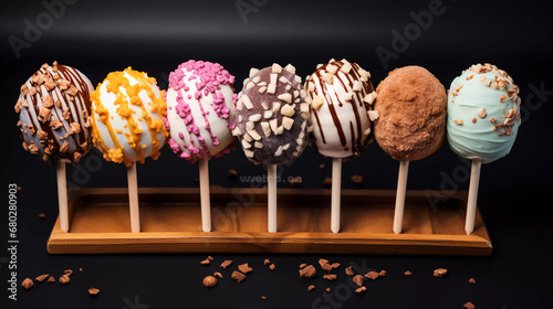 Delicious types of ice cream balls in waffle sticks photo