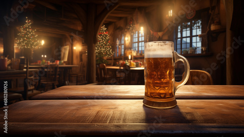 Golden beer mug on rustic table in old world tavern with festive lights. Generative AI