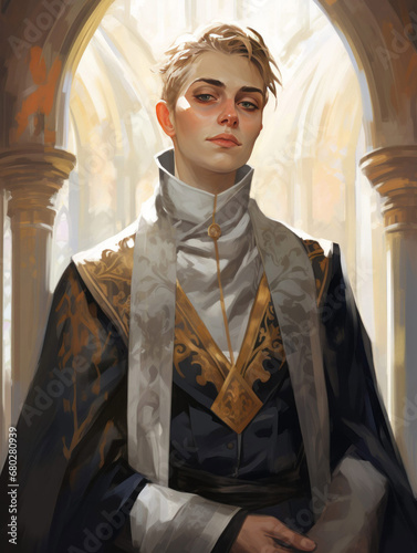 Cleric Fantasy Character Illustration, Blonde, Gender-Ambiguous or Nonbinary photo