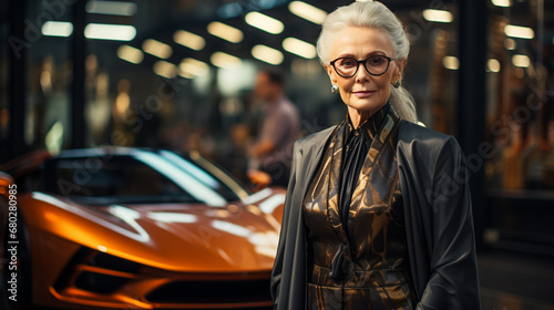 Elderly Businesswoman in front of his supercar. © andranik123