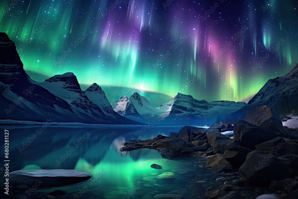 an aurora bore over a mountain range with a lake in the foreground and a mountain range in the background. an aurora bore over a mountain range with a lake in the foreground and a mountain range in the background.