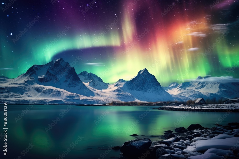  a view of a mountain range with the aurora lights in the sky above it and a body of water in the foreground.