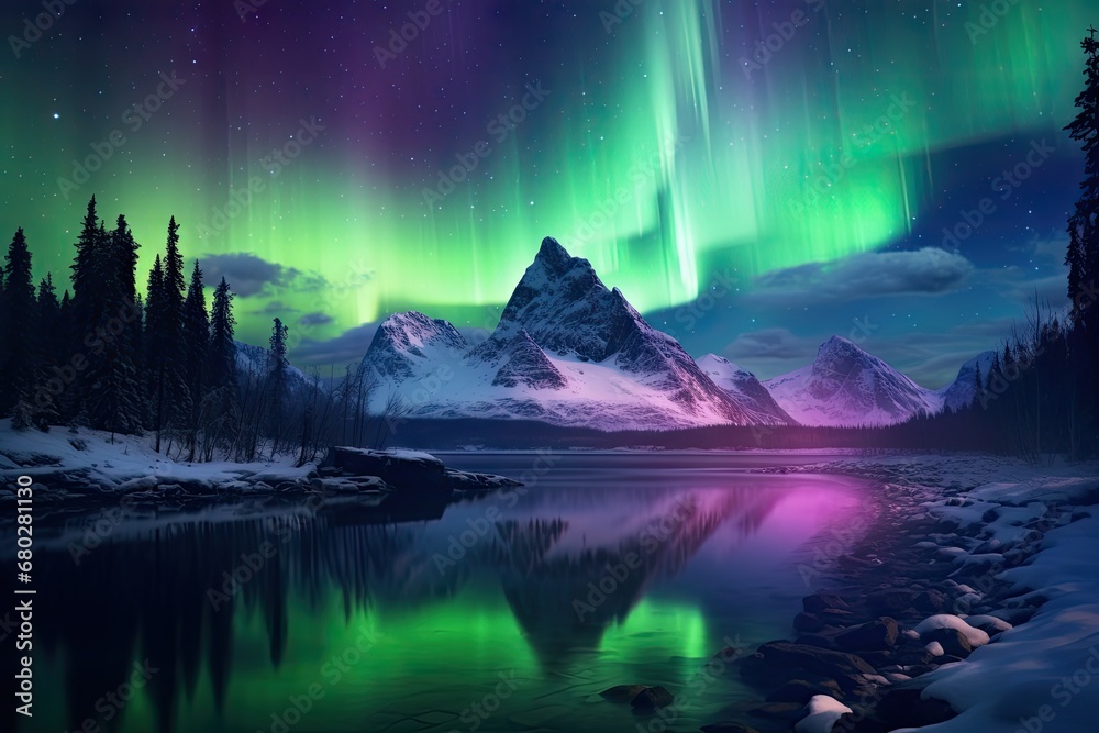  a green and purple aurora bore above a mountain lake and snow covered mountains with a reflection of the sky in the water.