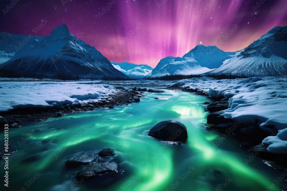  a stream running through a snow covered mountain valley under a purple and green sky with aurora lights in the sky.