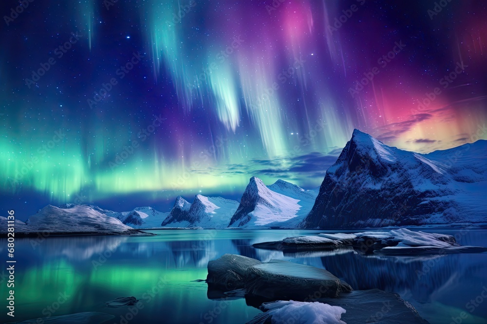 a mountain range with a body of water in the foreground and a multicolored aurora bore in the background.