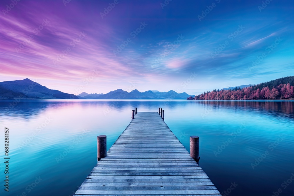  a dock that is sitting in the middle of a body of water with a mountain range in the background and clouds in the sky.