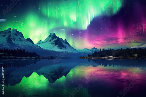  an aurora bore over a mountain range with a lake in the foreground and a reflection of the sky in the water. © Nadia