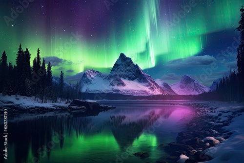  a green and purple aurora bore above a mountain lake and snow covered mountains with a reflection of the sky in the water. © Nadia