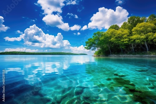  a body of water surrounded by trees under a blue sky with clouds and a small island on the other side of the water.