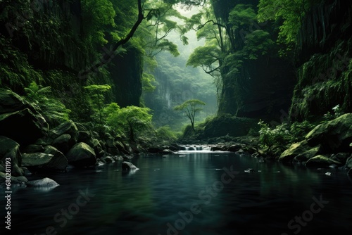  a stream running through a lush green forest filled with rocks and trees in the middle of a forest filled with rocks and trees.