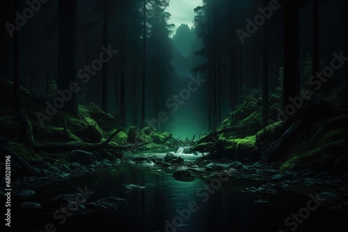  a dark forest filled with lots of trees and a stream running through the center of the forest with rocks on both sides of the stream.