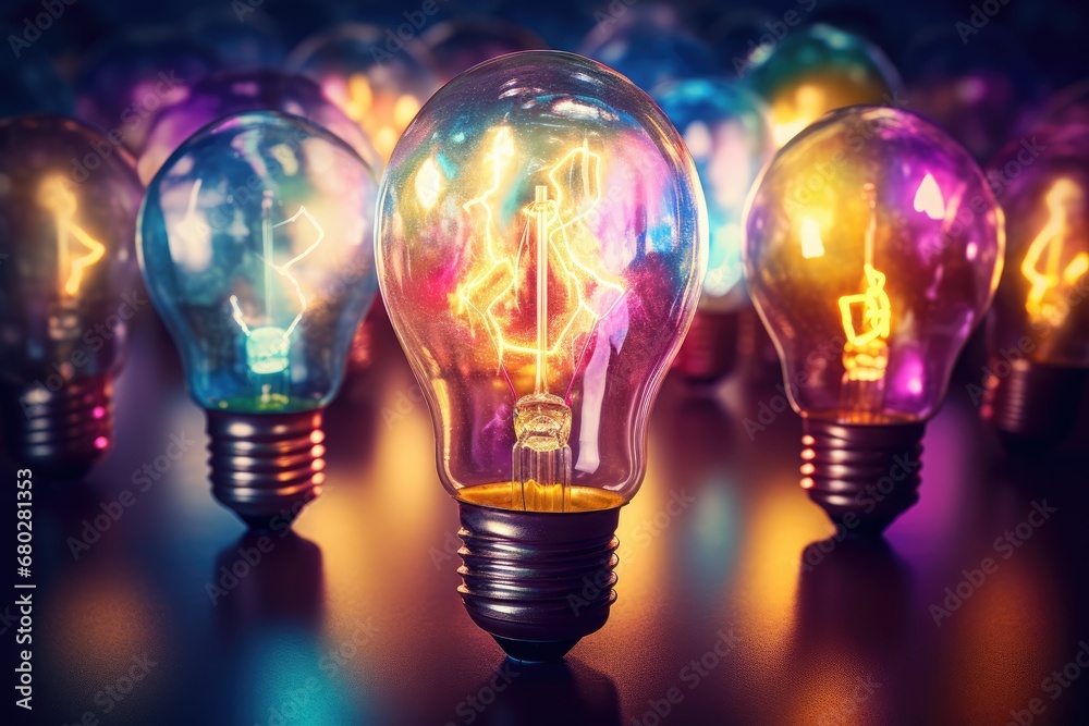 a group of multicolored light bulbs sitting next to each other on top of a black table in front of a group of other light bulbs. a group of multicolored light bulbs sitting next to each other on top of a black table in front of a group of other light bulbs.