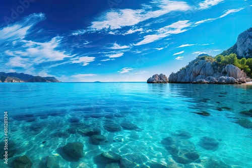  a body of water with rocks in the middle of it and a blue sky with white clouds in the background.