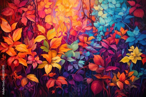  a painting of a bunch of flowers in different colors of red, orange, yellow, blue, and green.