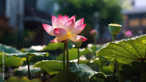 Lotus flower blooming in the pond with raindrops on the leaves. Spa Concept. Springtime concept with copy space.