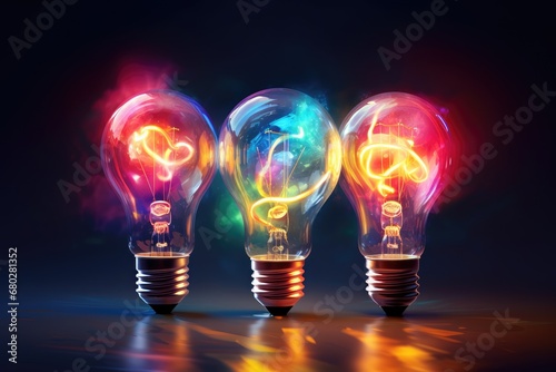  a group of three light bulbs sitting next to each other in front of a black background with colorful lights coming out of them.