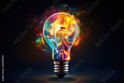  a light bulb with a lot of colored smoke coming out of it's side and a black background behind it.