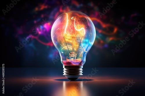  a colorful light bulb sitting on top of a table next to a light bulb with a drawing of a man inside of it.