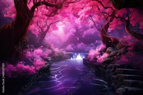  a painting of a river in the middle of a forest with pink trees and rocks on either side of it.