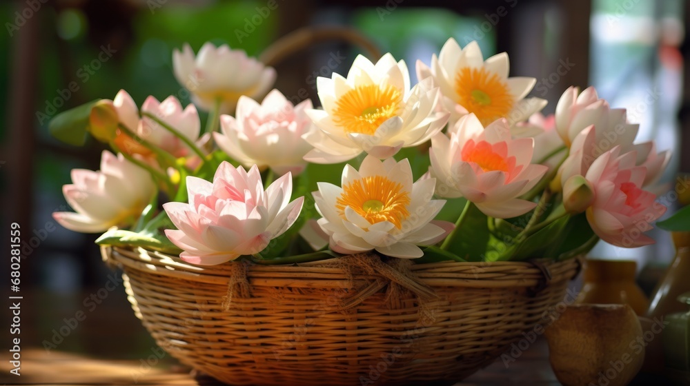 Beautiful lotus flowers in basket on wooden table. Spa Concept. Springtime concept with copy space.