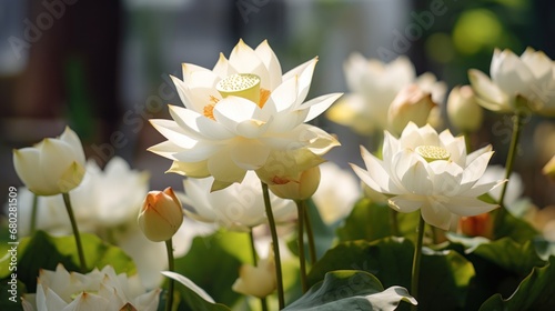 White lotus flower blooming on the pond with green leaves background. Spa Concept. Springtime concept with copy space.