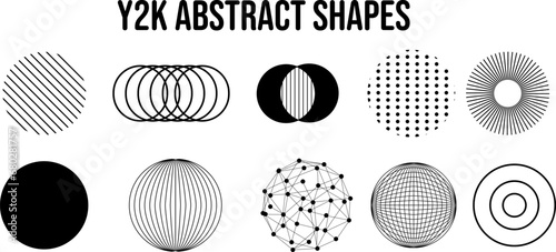 Set of abstract aesthetic geometric round y2k elements and wireframe shapes. Black and white retro line design elements. Vector illustration for social networks or posters on a white background