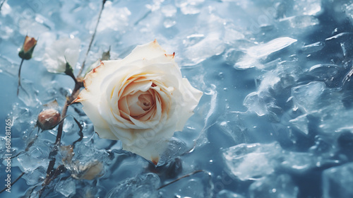 Beautiful white rose on ice background. Close up. Copy space
