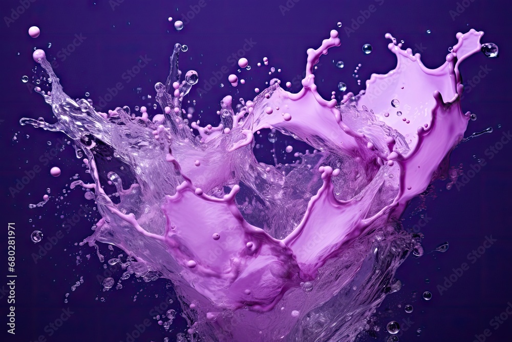 a purple liquid splashing into the air on a black background with a purple background and a purple background with water droplets. a purple liquid splashing into the air on a black background with a purple background and a purple background with water droplets.