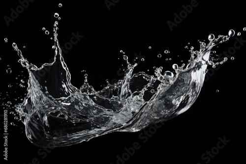  a black and white photo of water splashing on a black background with a splash of water in the foreground.