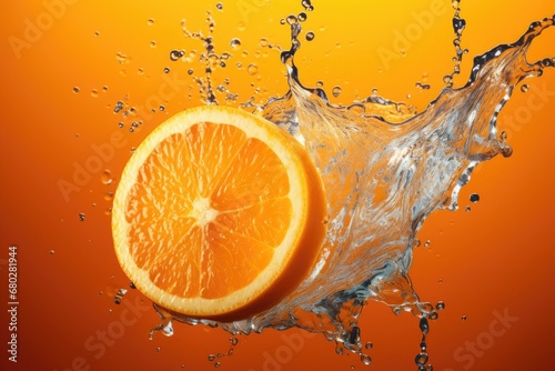  an orange being dropped into water with a splash of water on the top of the orange and on the bottom of the image.