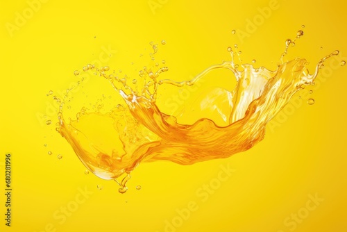  a yellow liquid splashing into the air on top of a bright yellow background with a splash of water on the bottom of the image.