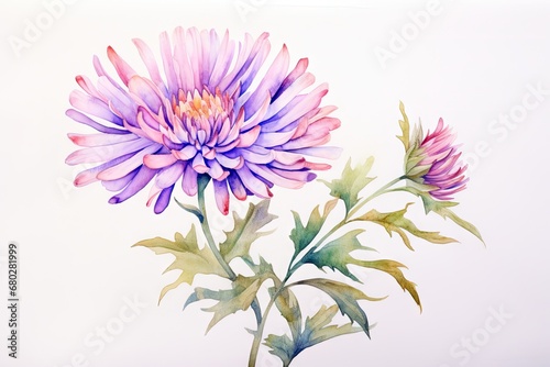  a watercolor painting of a pink and purple flower with green leaves on a white background with a white background.