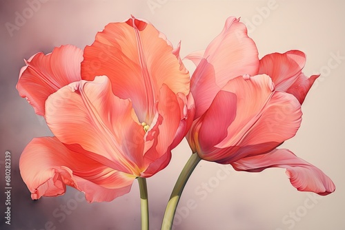  a close up of two pink flowers on a white and gray background with a blurry background behind the flowers.