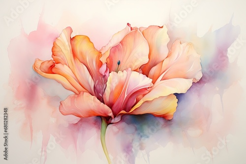  a watercolor painting of a pink and yellow flower on a white background with a splash of paint on the left side of the image.