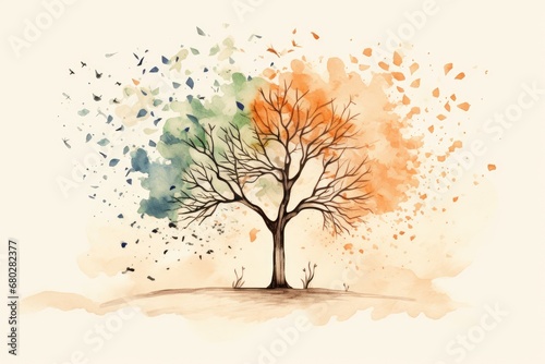  a watercolor painting of a tree with a lot of leaves on the branches and a lot of birds flying around. © Nadia