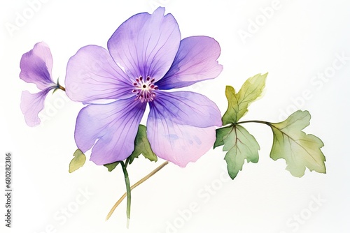  a watercolor painting of a purple flower with green leaves on the stem and a single purple flower with green leaves on the stem.