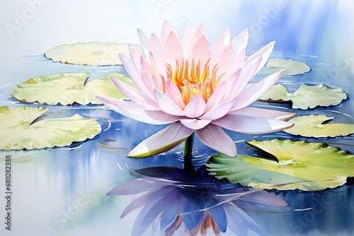  a painting of a pink water lily in a pond with lily pads in the foreground and a blue sky in the background.