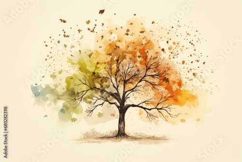  a watercolor painting of a tree with lots of leaves and butterflies flying in the air over the top of the tree.