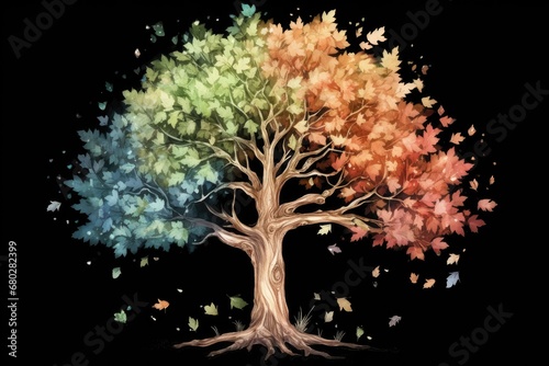  a colorful tree with lots of leaves blowing in the wind on a black background with a black sky in the background.