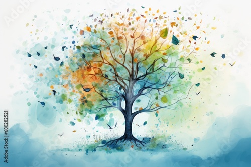  a watercolor painting of a tree with lots of leaves on it's branches and a blue sky in the background.