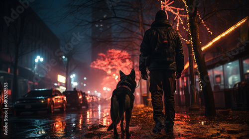 Police officer with a dog walking in street.