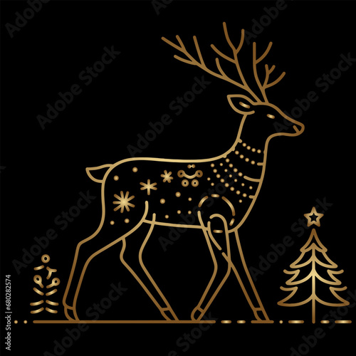 Minimalistic one line Christmas reindeer icon in golden elegant style. Red deer or reindeer. Vector illustration. Design of a buck  sambar or fallow deer
