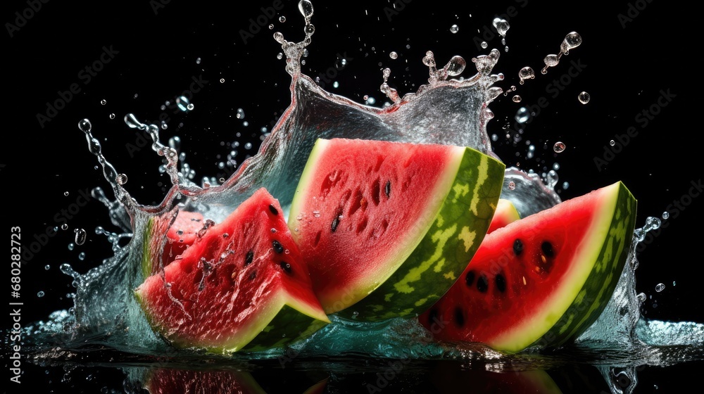a slice of watermelon being dropped into the water with a splash of water on the top of it. a slice of watermelon being dropped into the water with a splash of water on the top of it.