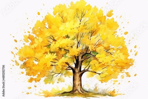  a watercolor painting of a tree with yellow leaves on it's leaves are falling off of the tree.