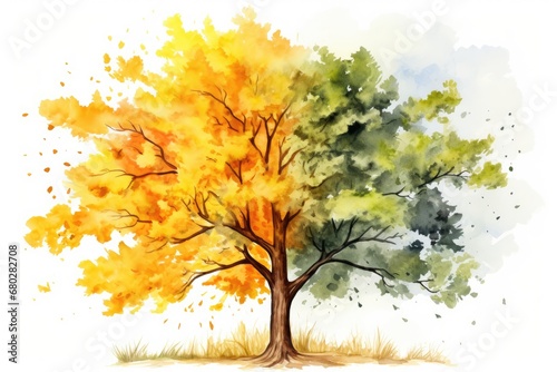  a watercolor painting of a tree with yellow, green, and red leaves on it's leaves are falling off of the tree.