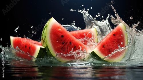  a slice of watermelon being dropped into the water with a splash of water on the side of it.